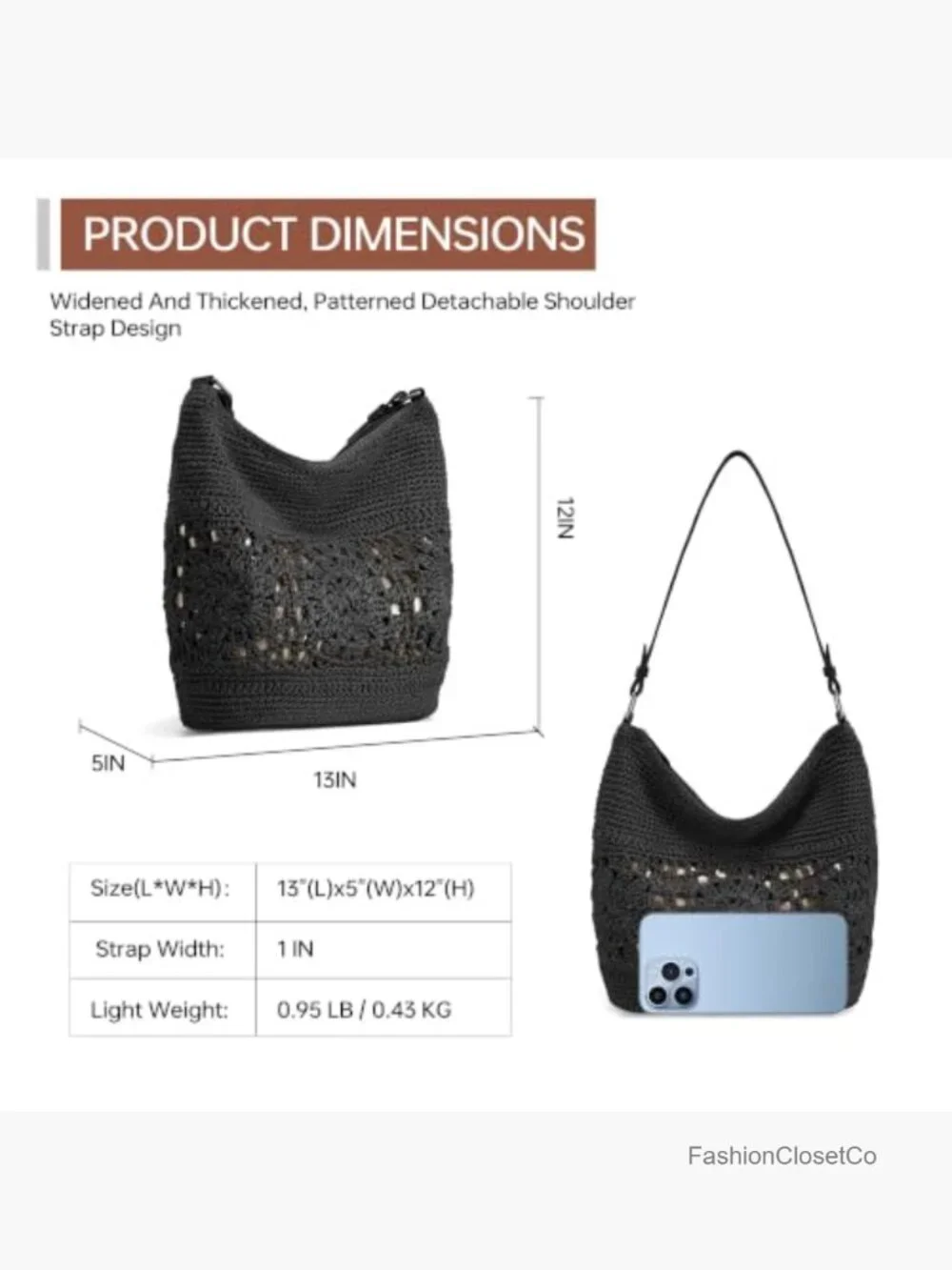Crochet Hobo Bag Woven Boho Shoulder Purse Handbag with Leather Strap